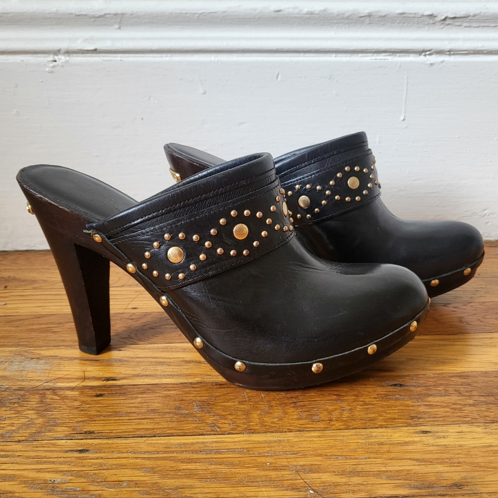Michael Kors Horton gold studded black leather mule clogs size 8 - Picture 1 of 8
